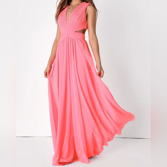 Lulu's Vivid Imagination Neon Pink Cutout Chiffon Maxi Dress Size Large - Picture 1 of 13